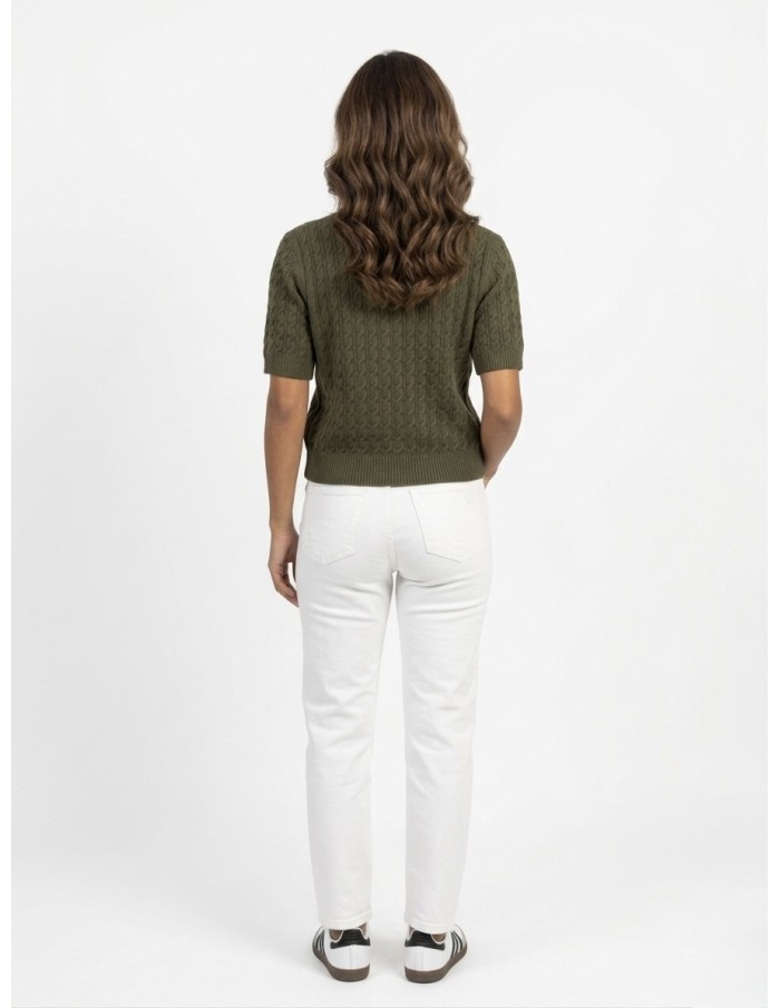TOP PULL MANCHE COURTE MAILLE TORSADÉE KAKI & BOUTONS DORÉS - FEMME