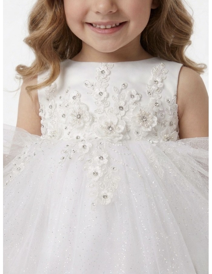 ROBE BLANCHE FLEURIE DÉTAILS ARGENTÉS ET NOEUD SATIN DOS - BÉBÉ