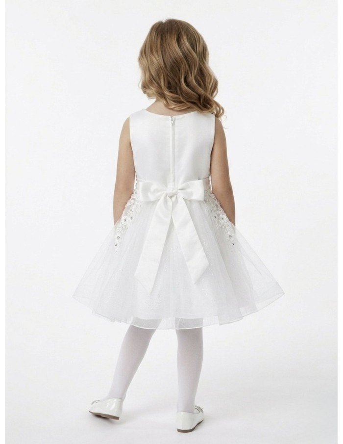 ROBE BLANCHE FLEURIE DÉTAILS ARGENTÉS ET NOEUD SATIN DOS - BÉBÉ