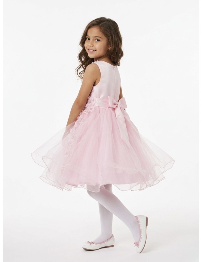ROBE ROSE POUDRÉ FLEURIE DÉTAILS PERLÉS ET NOEUD SATIN DOS - FILLE