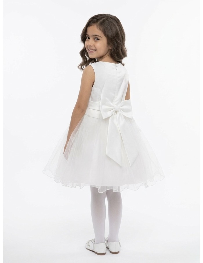 ROBE BLANCHE FLEURIE DÉTAILS PERLÉS ET NOEUD SATIN DOS - FILLE