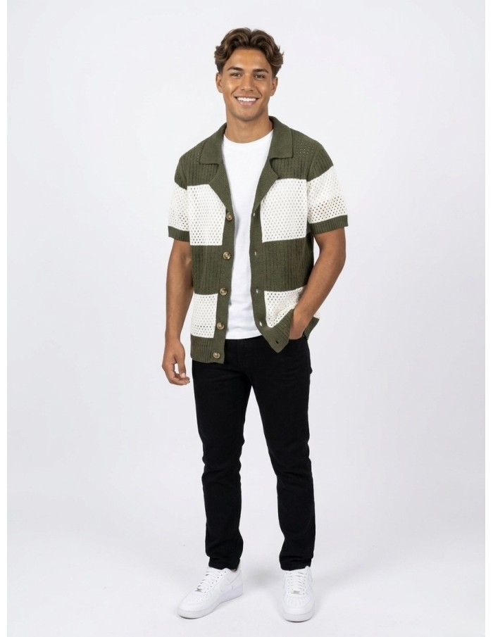GILET CHEMISE MAILLE VERTE & BLANCHE - HOMME