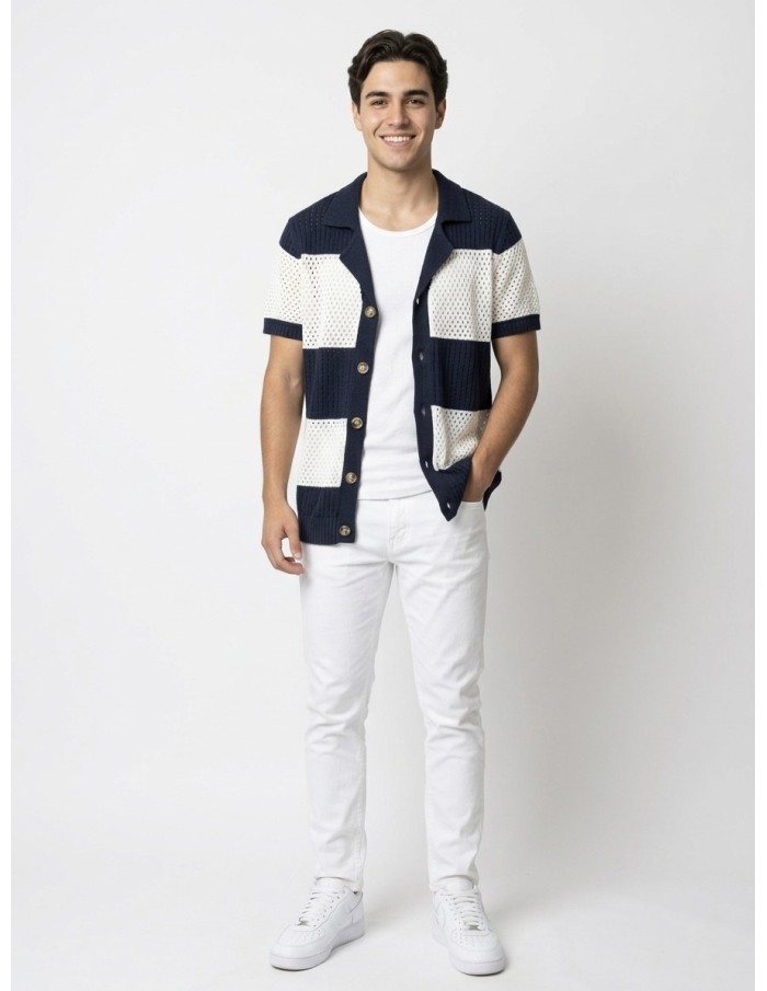 GILET CHEMISE MAILLE BLEU MARINE & BLANCHE - HOMME