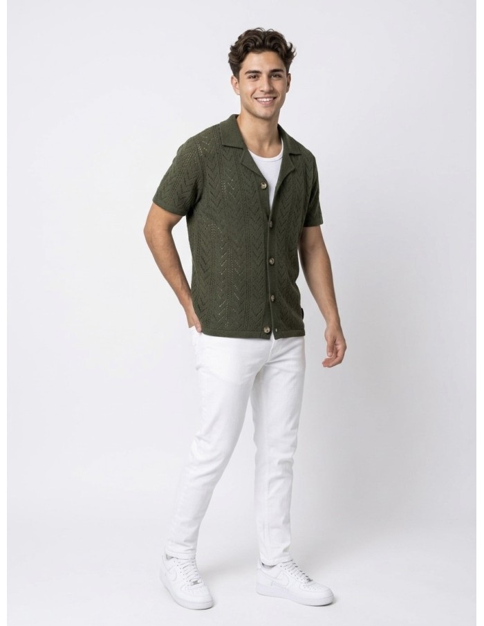 GILET CHEMISE MAILLE UNI VERT OLIVE - HOMME