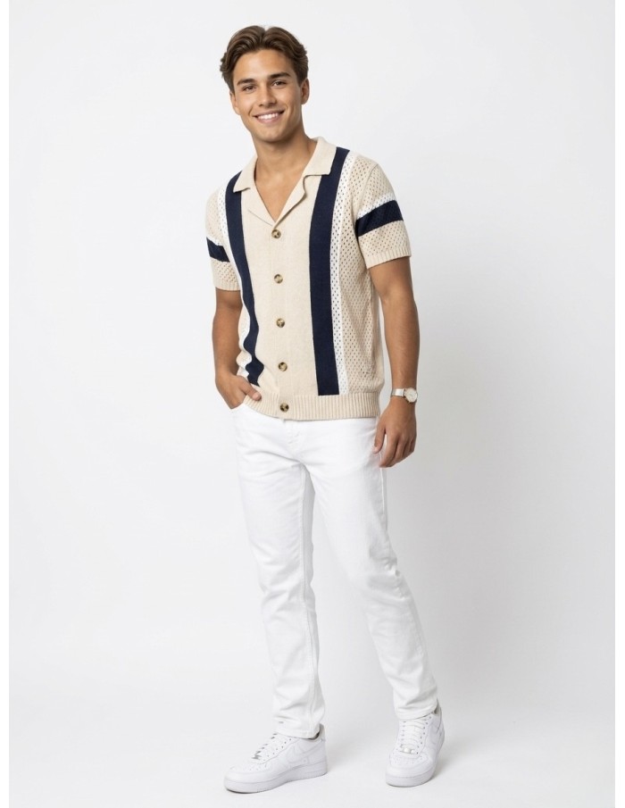 GILET CHEMISE MAILLE BEIGE À BANDES - HOMME