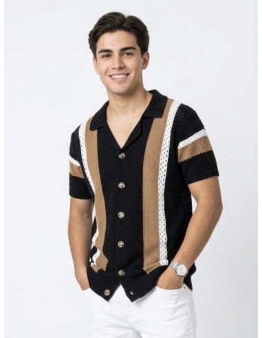GILET CHEMISE MAILLE NOIR À BANDES -...