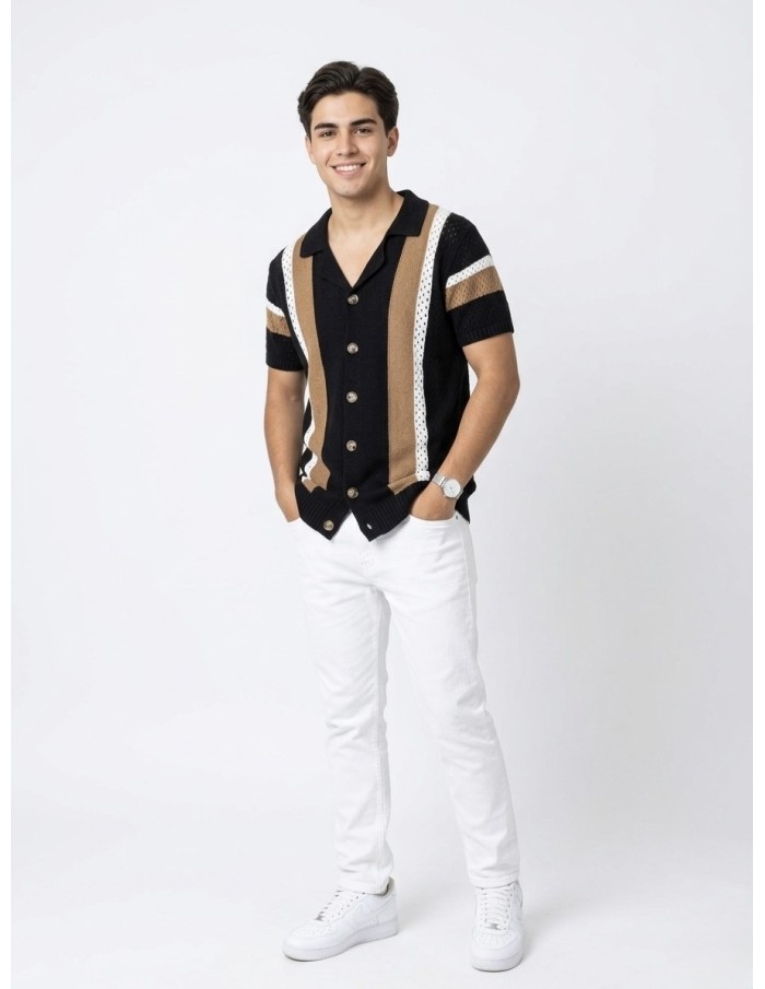 GILET CHEMISE MAILLE NOIR À BANDES - HOMME