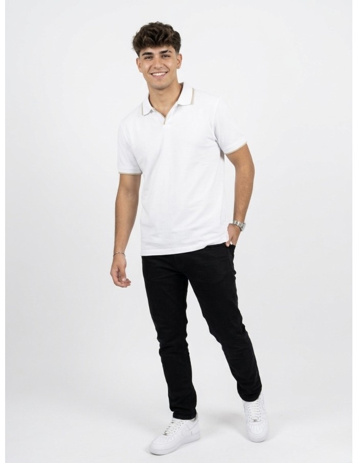 POLO MANCHES COURTES BLANC & BORDS BEIGE – HOMME