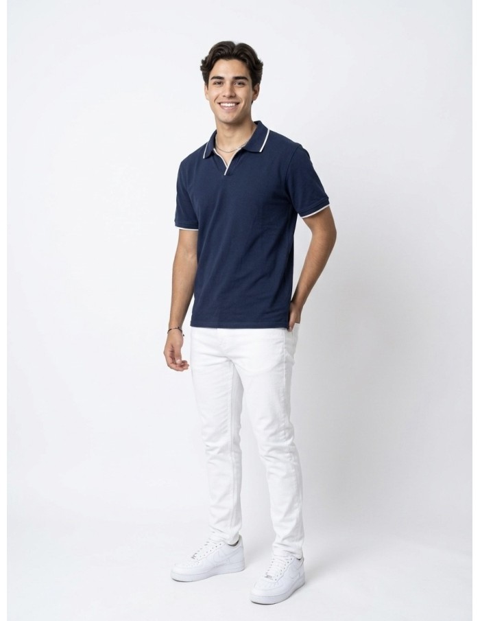 POLO MANCHES COURTES BLEU MARINE & BORDS BLANC – HOMME