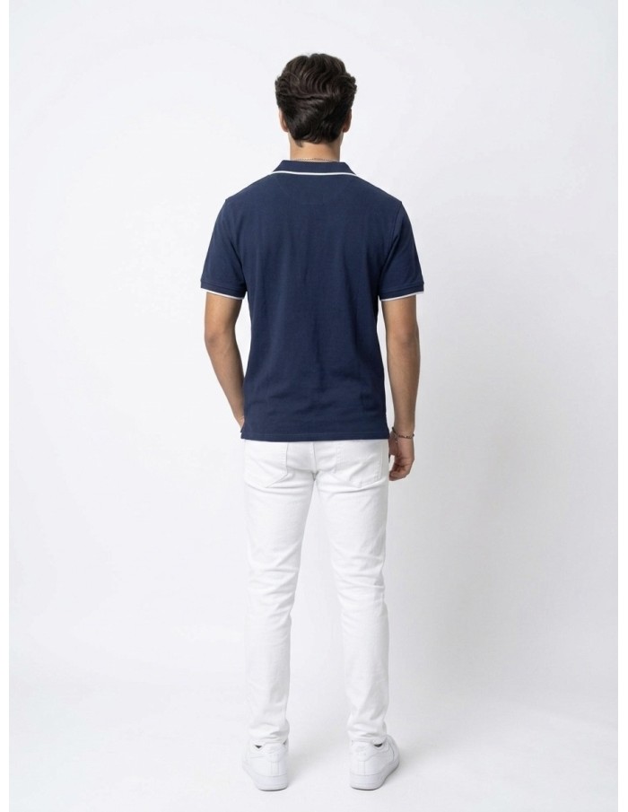 POLO MANCHES COURTES BLEU MARINE & BORDS BLANC – HOMME