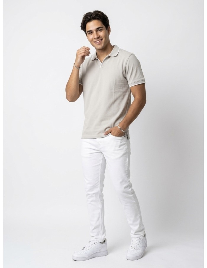 POLO MANCHES COURTES GRIS CLAIR & BORDS BLANC – HOMME