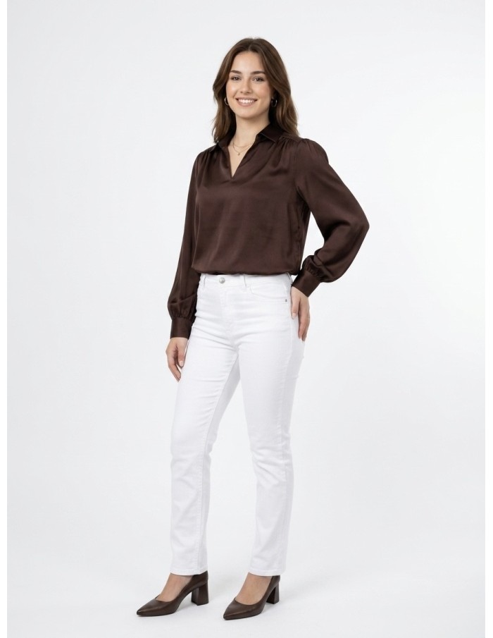 BLOUSE MARRON SATINÉE À MANCHES LONGUES - FEMME