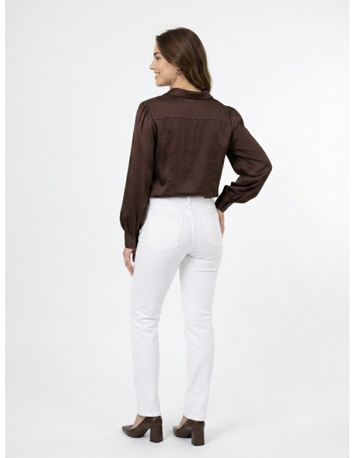BLOUSE MARRON SATINÉE À MANCHES LONGUES - FEMME