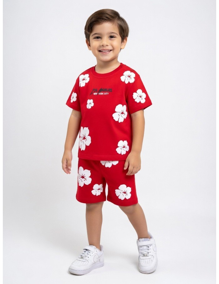 ENSEMBLE FLEURI ROUGE T-SHIRT + SHORT - GARÇON