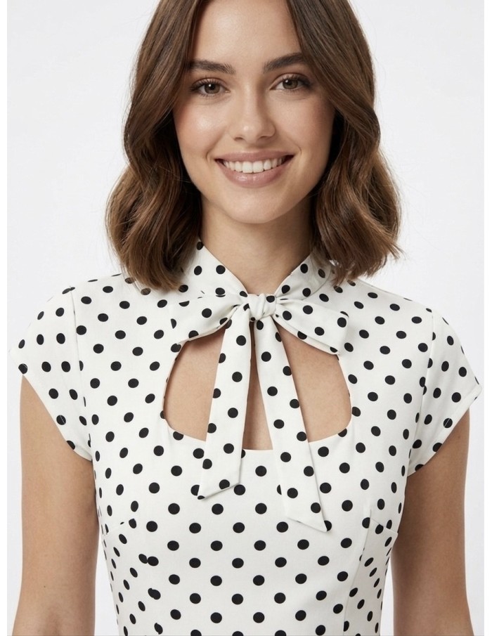 ROBE COURTE BLANCHE À POIS AVEC DÉTAIL NŒUD- FEMME
