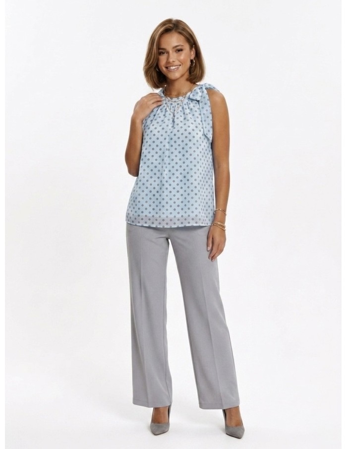 TOP bleu SANS MANCHES  IMPRIMÉ POIS & NŒUD ÉPAULE - femme
