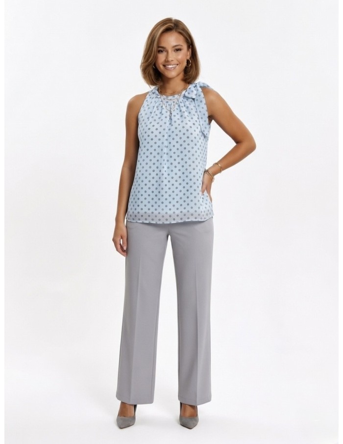 TOP bleu SANS MANCHES  IMPRIMÉ POIS & NŒUD ÉPAULE - femme