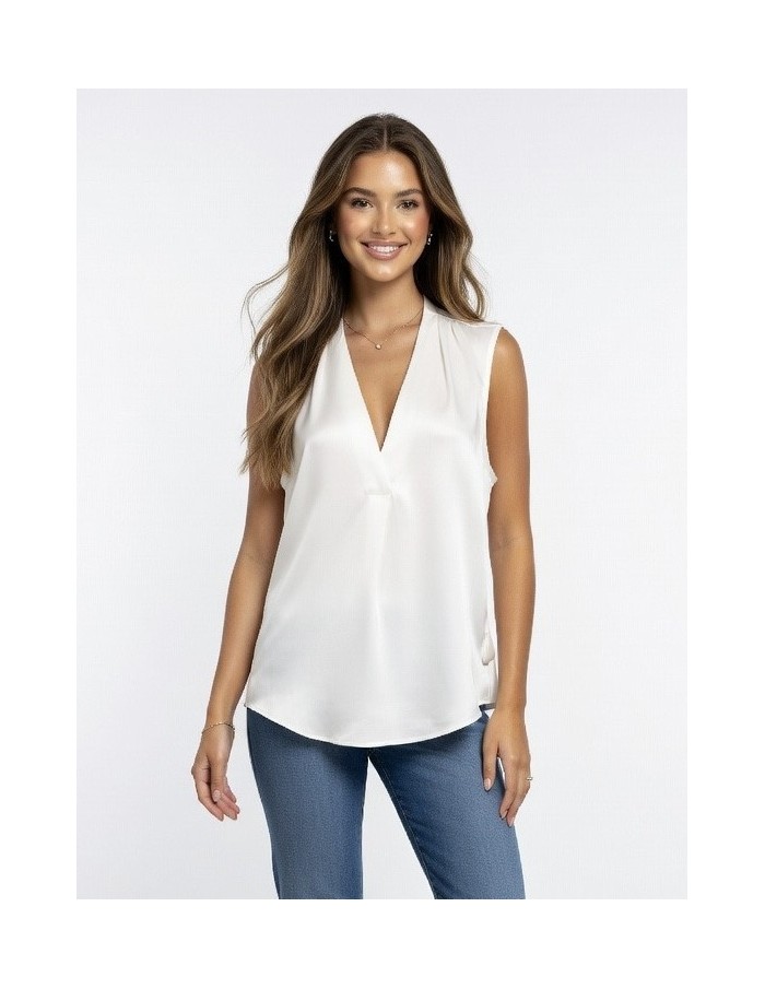 TOP BLANC SANS MANCHES SATINÉ COL EN V & EFFET DRAPÉ - femme