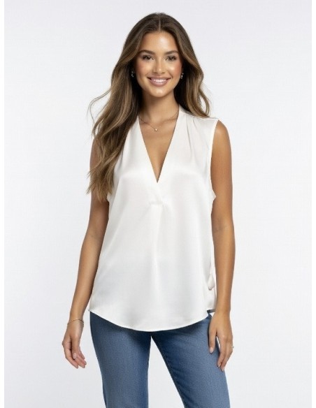 TOP BLANC SANS MANCHES SATINÉ COL EN V & EFFET DRAPÉ - femme