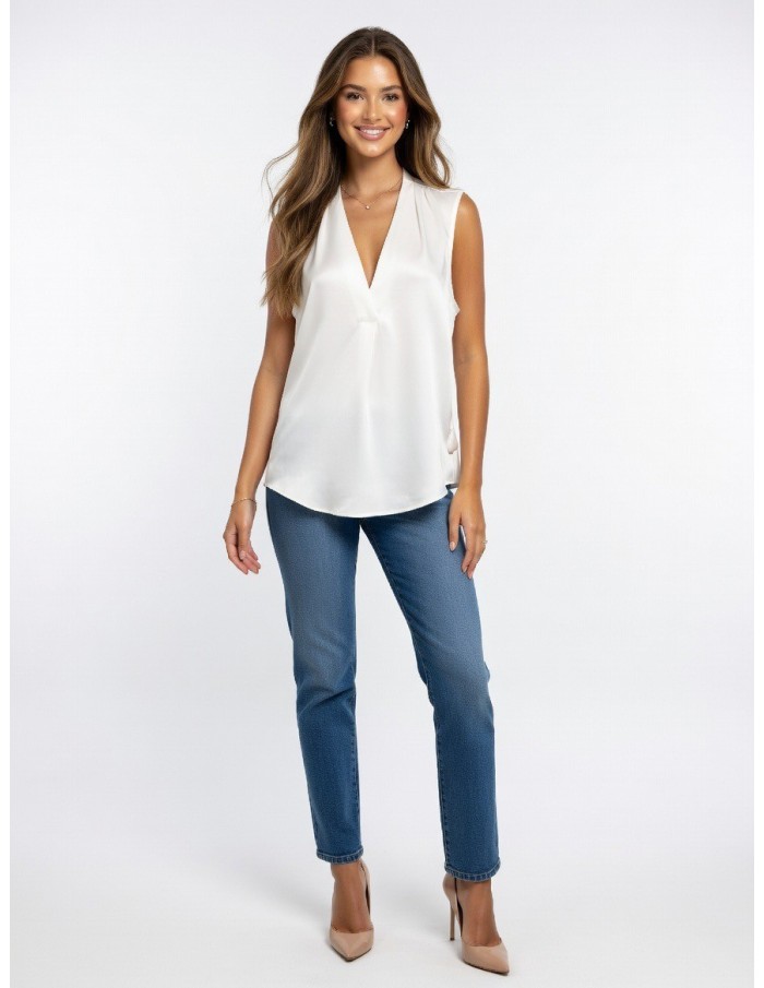 TOP BLANC SANS MANCHES SATINÉ COL EN V & EFFET DRAPÉ - femme