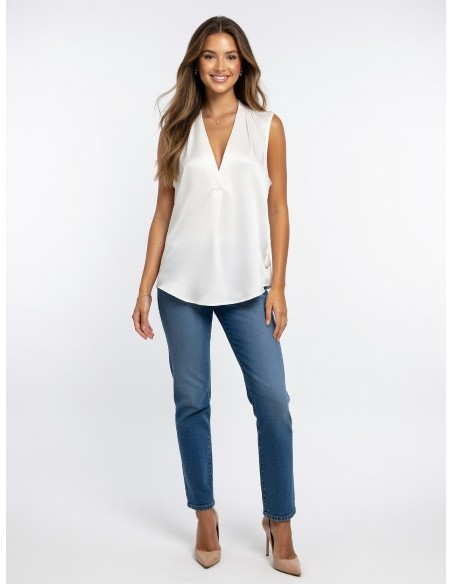 TOP BLANC SANS MANCHES SATINÉ COL EN V & EFFET DRAPÉ - femme