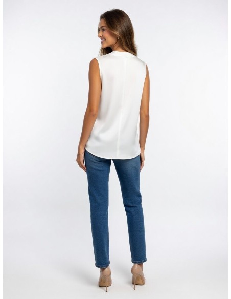 TOP BLANC SANS MANCHES SATINÉ COL EN V & EFFET DRAPÉ - femme