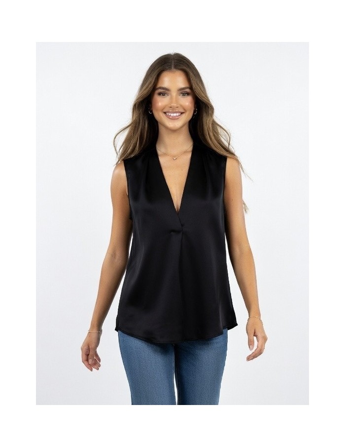 TOP NOIR SANS MANCHES SATINÉ COL EN V & EFFET DRAPÉ - femme