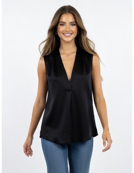 TOP NOIR SANS MANCHES SATINÉ COL EN V & EFFET DRAPÉ - femme