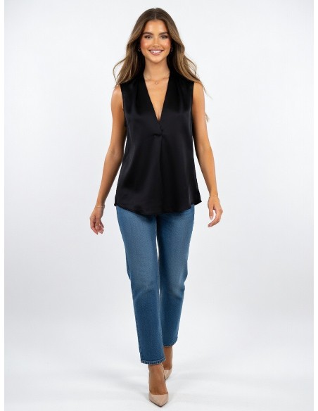 TOP NOIR SANS MANCHES SATINÉ COL EN V & EFFET DRAPÉ - femme