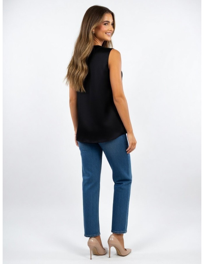 TOP NOIR SANS MANCHES SATINÉ COL EN V & EFFET DRAPÉ - femme