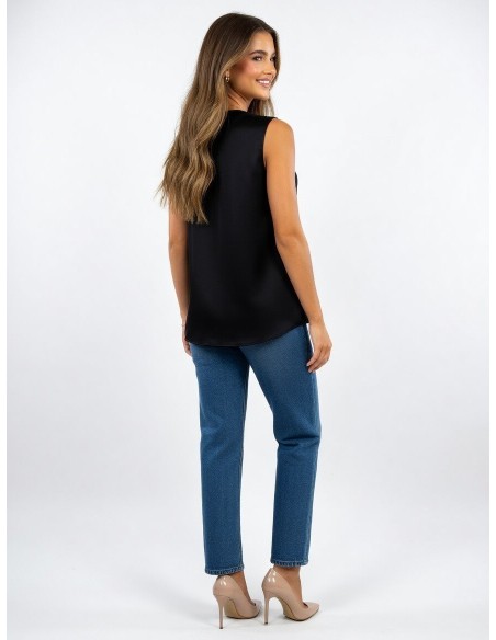 TOP NOIR SANS MANCHES SATINÉ COL EN V & EFFET DRAPÉ - femme