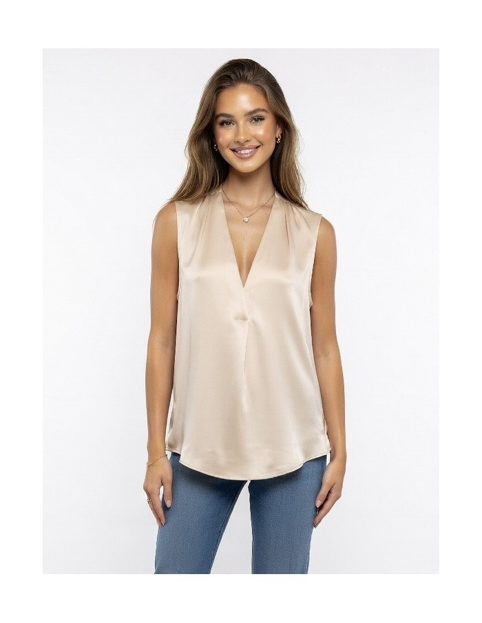 TOP CHAMPAGNE SANS MANCHES SATINÉ COL EN V & EFFET DRAPÉ - femme