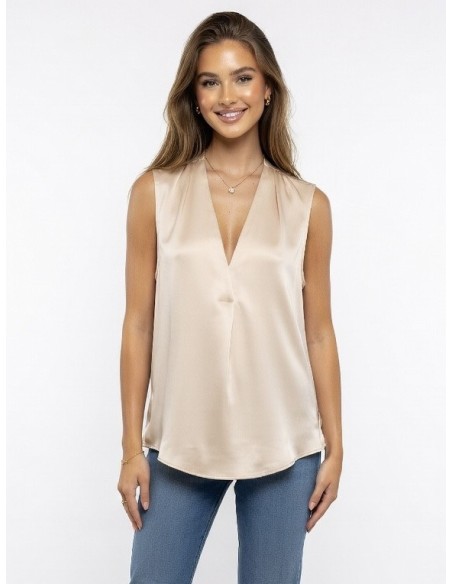 TOP CHAMPAGNE SANS MANCHES SATINÉ COL EN V & EFFET DRAPÉ - femme