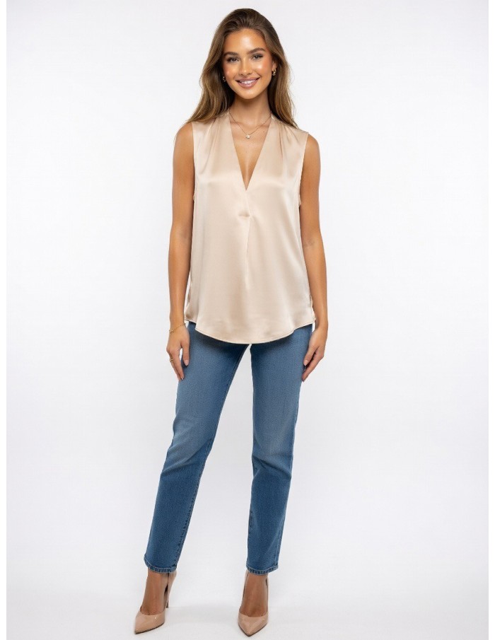 TOP CHAMPAGNE SANS MANCHES SATINÉ COL EN V & EFFET DRAPÉ - femme