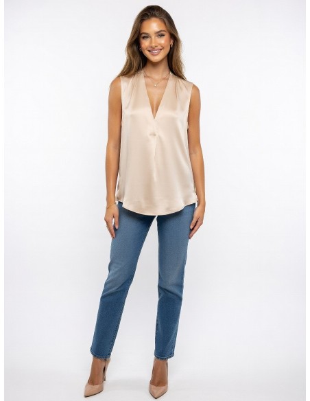 TOP CHAMPAGNE SANS MANCHES SATINÉ COL EN V & EFFET DRAPÉ - femme