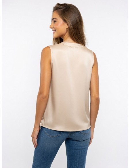TOP CHAMPAGNE SANS MANCHES SATINÉ COL EN V & EFFET DRAPÉ - femme