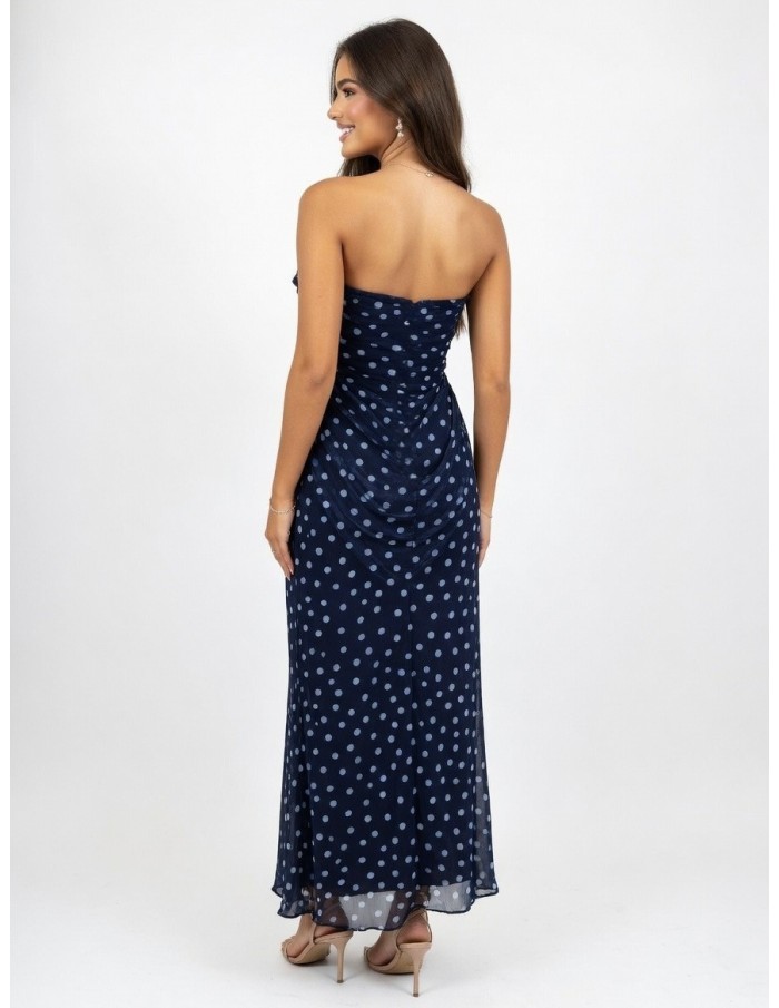 ROBE LONGUE BUSTIER À POIS BLEU MARINE - FEMME