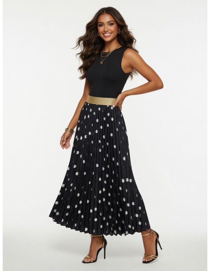 JUPE NOIR LONGUE PLISSÉ A POIS – FEMME
