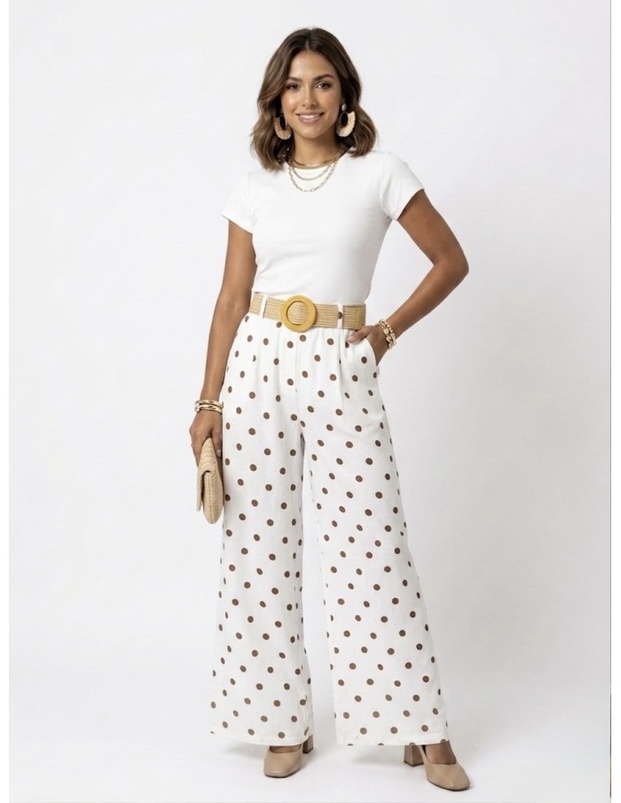 PANTALON LARGE blanc À POIS AVEC CEINTURE - FEMME