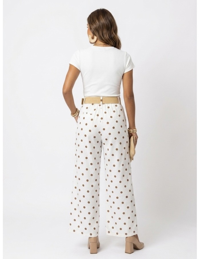 PANTALON LARGE blanc À POIS AVEC CEINTURE - FEMME