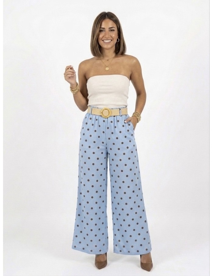 PANTALON LARGE bleu À POIS AVEC CEINTURE - FEMME