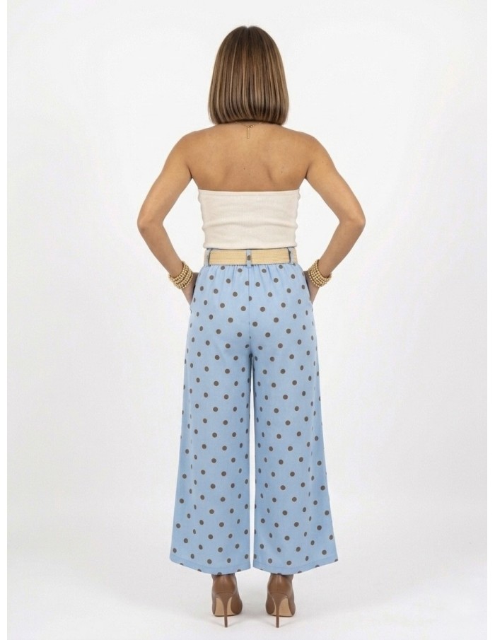 PANTALON LARGE bleu À POIS AVEC CEINTURE - FEMME