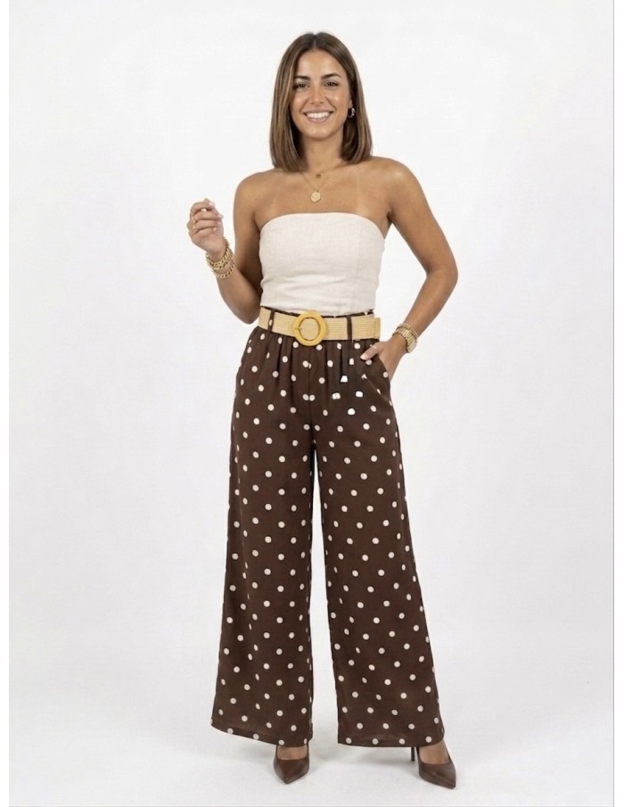 PANTALON LARGE CHOCOLAT À POIS AVEC CEINTURE - FEMME