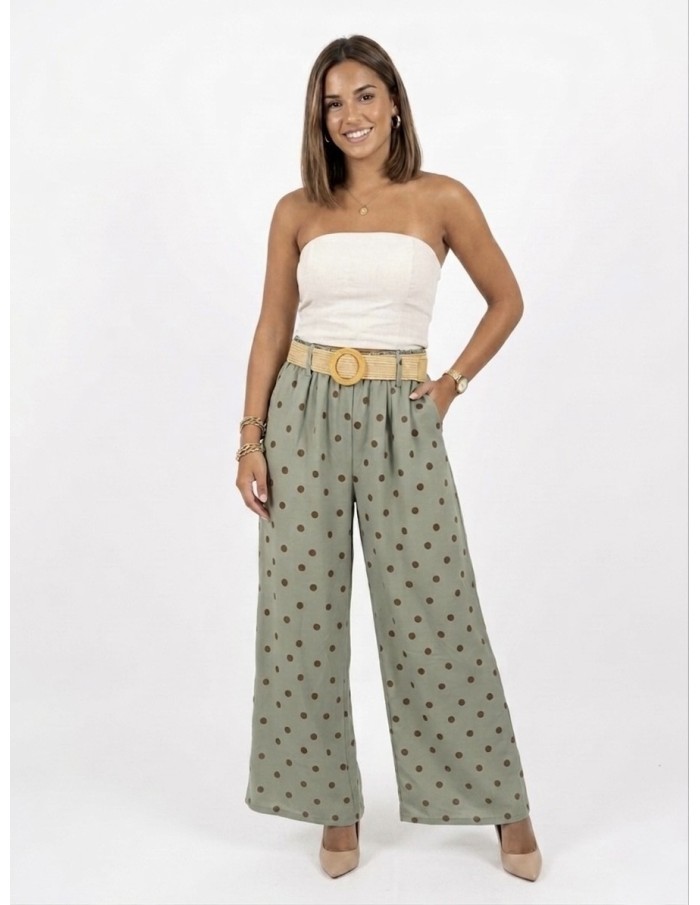 PANTALON LARGE VERT À POIS AVEC CEINTURE - FEMME