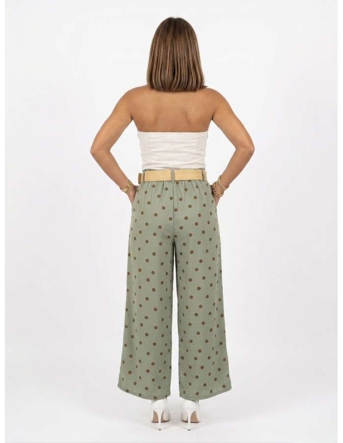 PANTALON LARGE VERT À POIS AVEC CEINTURE - FEMME