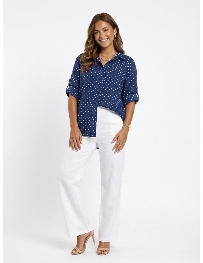 CHEMISE BLEU MARINE À POIS COUPE AJUSTABLE- FEMME
