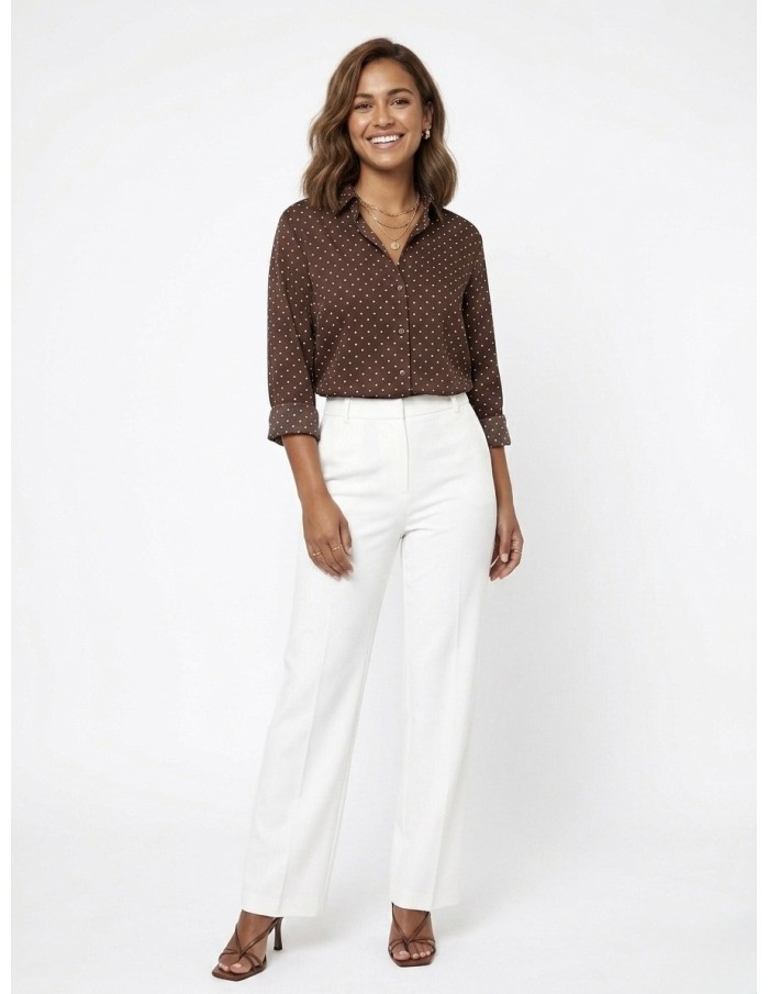 CHEMISE MARRON À POIS COUPE AJUSTABLE- FEMME