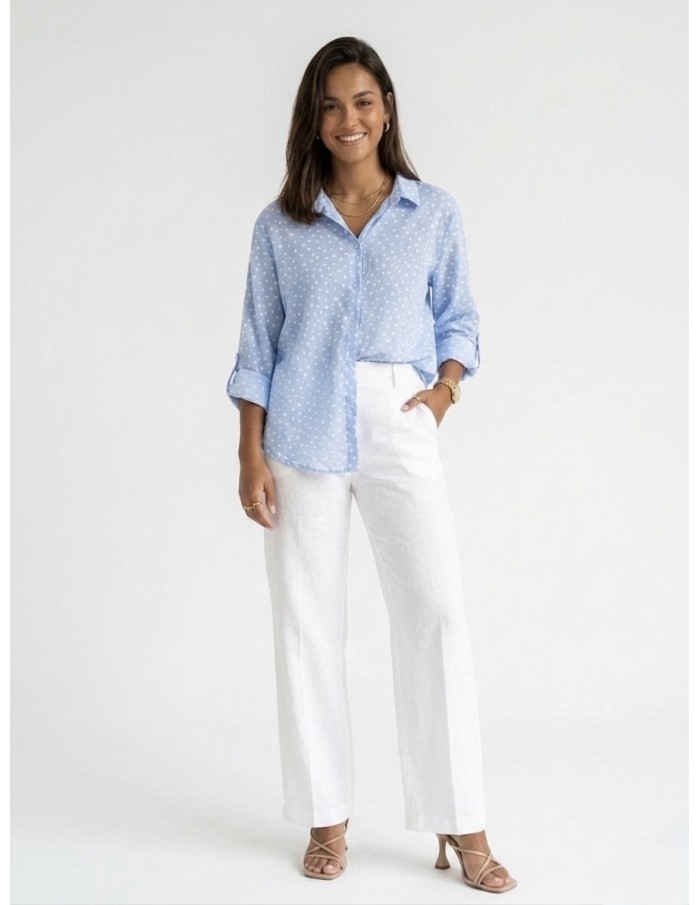 CHEMISE BLEU CLAIR À POIS COUPE AJUSTABLE- FEMME