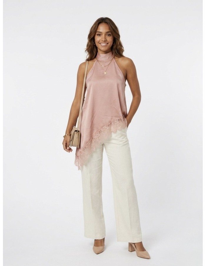 TOP SATINÉ ROSE COUPE ASYMÉTRIQUE ET BORDURE DENTELLE - femme