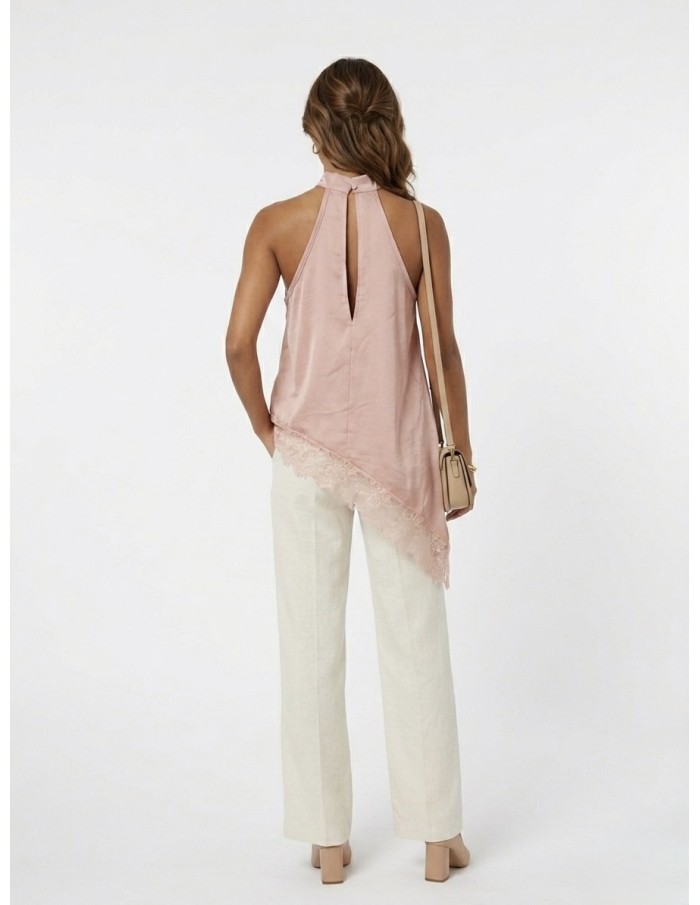 TOP SATINÉ ROSE COUPE ASYMÉTRIQUE ET BORDURE DENTELLE - femme